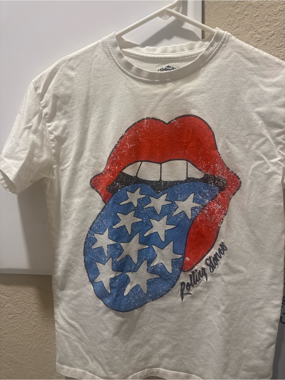 the Rolling Stones White Tee with Red Lips & Blue Star Tongue